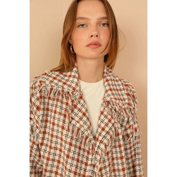 Tüvit Kumaş Uzun Kol Basen Boy Bol Kalıp Kadın Ceket-Taba