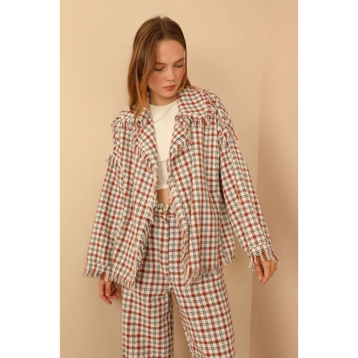 Tüvit Kumaş Uzun Kol Basen Boy Bol Kalıp Kadın Ceket-Taba