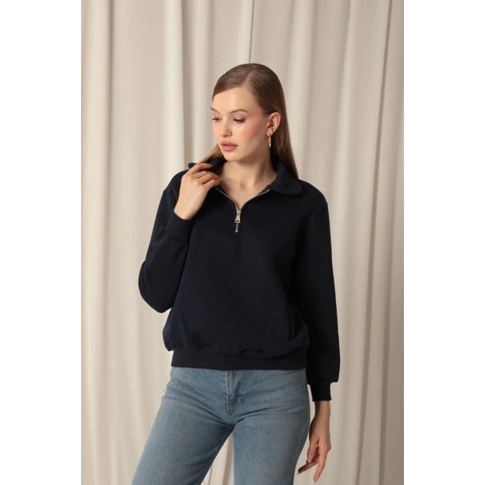 Üç İplik Bebe Yaka Kadın Lacivert Sweat