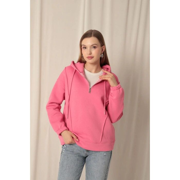 Üç İplik Kumaş Fermuarlı Kadın Pembe Sweat