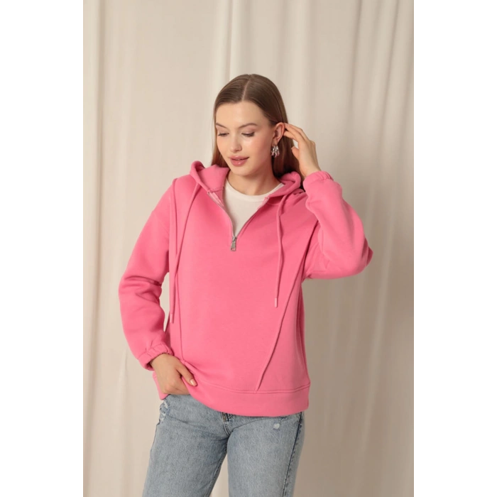 Üç İplik Kumaş Fermuarlı Kadın Pembe Sweat
