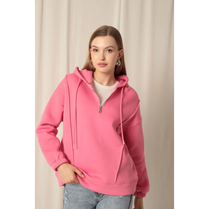 Üç İplik Kumaş Fermuarlı Kadın Pembe Sweat