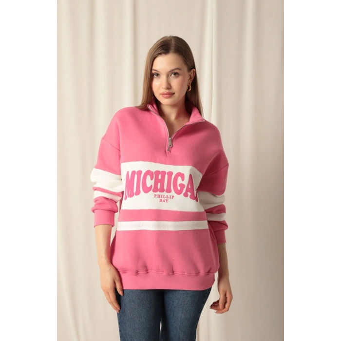 Üç İplik Michigan Baskılı Fermuarlı Kadın Pembe Sweat