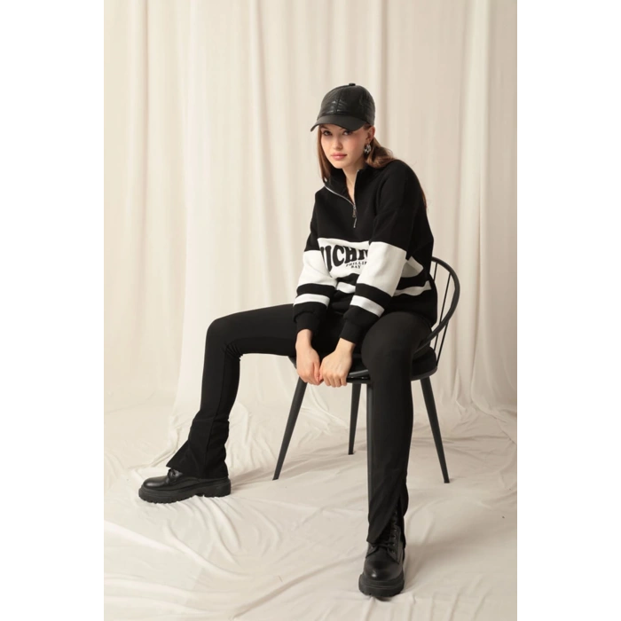 Üç İplik Michigan Baskılı Fermuarlı Kadın Siyah Sweat