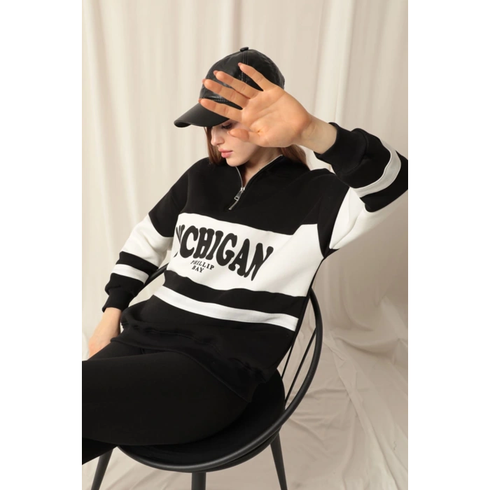 Üç İplik Michigan Baskılı Fermuarlı Kadın Siyah Sweat