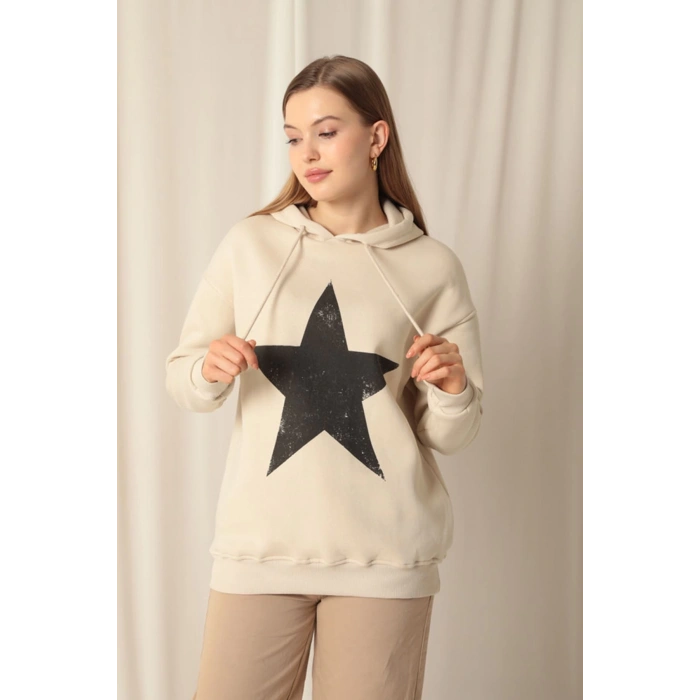 Üç İplik Yıldız Baskılı Kapüşonlu Kadın Bej Sweat