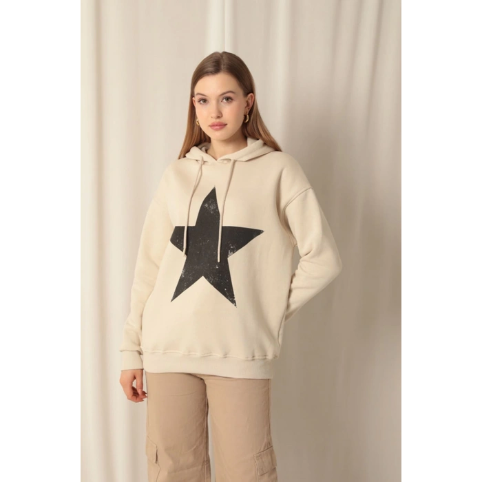 Üç İplik Yıldız Baskılı Kapüşonlu Kadın Bej Sweat
