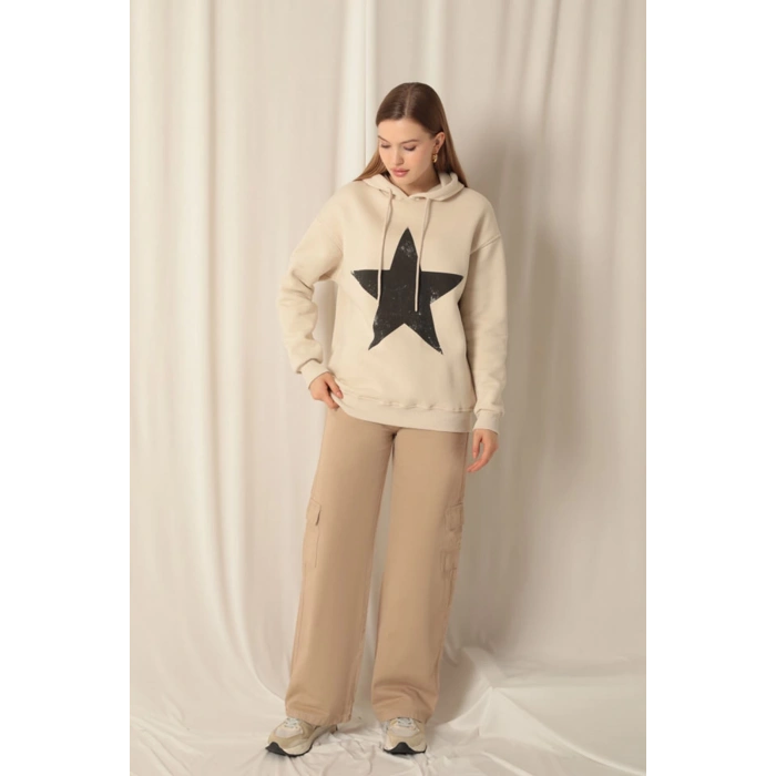 Üç İplik Yıldız Baskılı Kapüşonlu Kadın Bej Sweat
