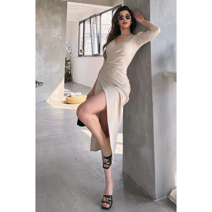 V Yaka Anvelop Etek Midi Boy Dalgıç Elbise