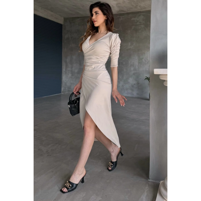 V Yaka Anvelop Etek Midi Boy Dalgıç Elbise