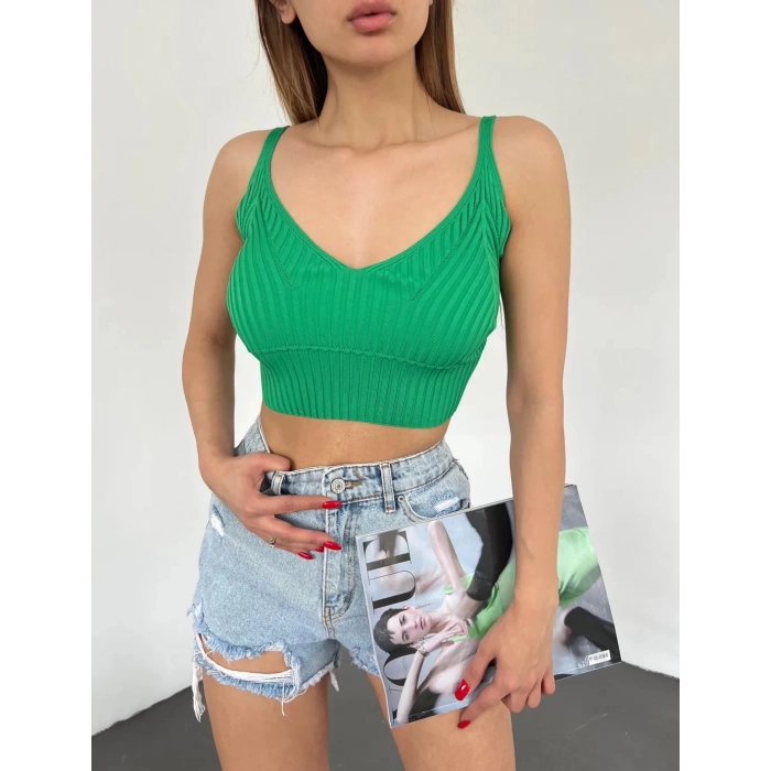 V Yaka Askılı Crop Triko Büstiyer Yeşil - DF2202
