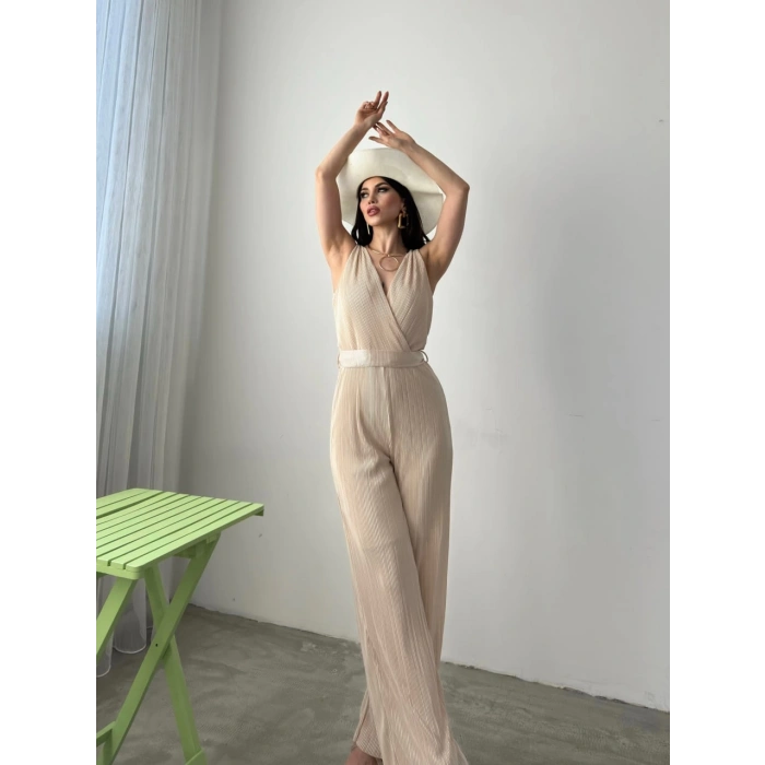 V Yaka Kuşaklı Krinkle Tulum