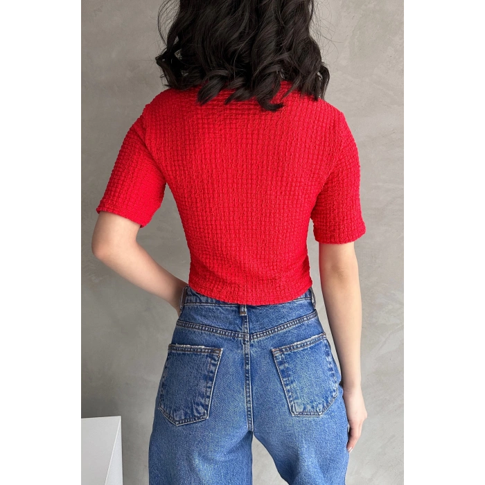 V Yaka Önü Bağlamalı Gofre Crop Bluz