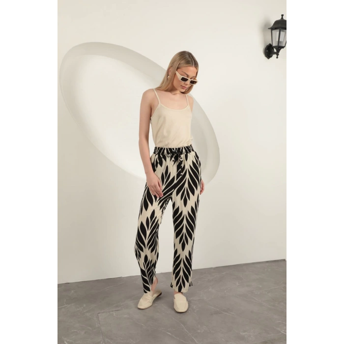 Viskon Kumaş Yaprak Desen Pantolon-Siyah