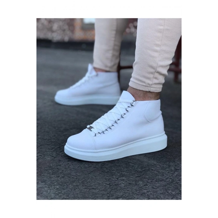 WG032 Beyaz Bağcıklı Sneakers  Yarım Bilek Bot