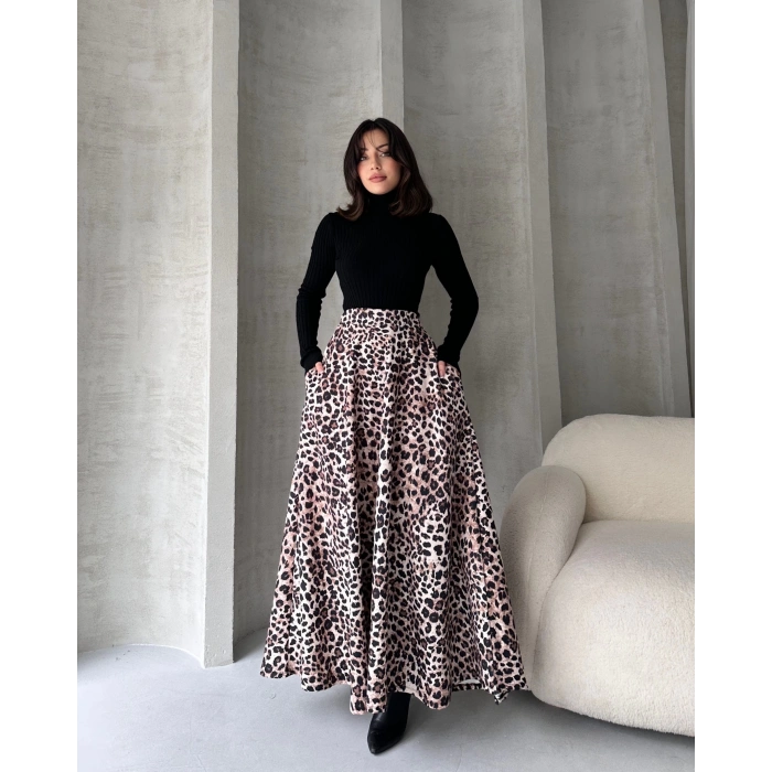 Yüksek Bel Leopar Desenli Çan Etek