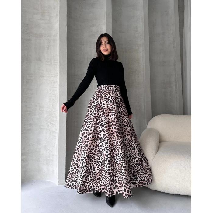 Yüksek Bel Leopar Desenli Çan Etek