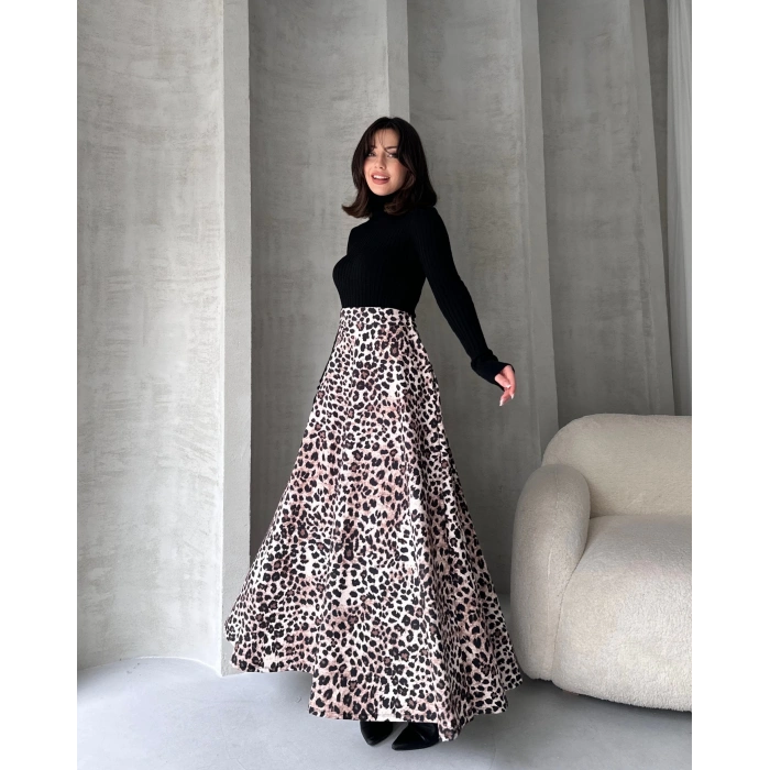 Yüksek Bel Leopar Desenli Çan Etek