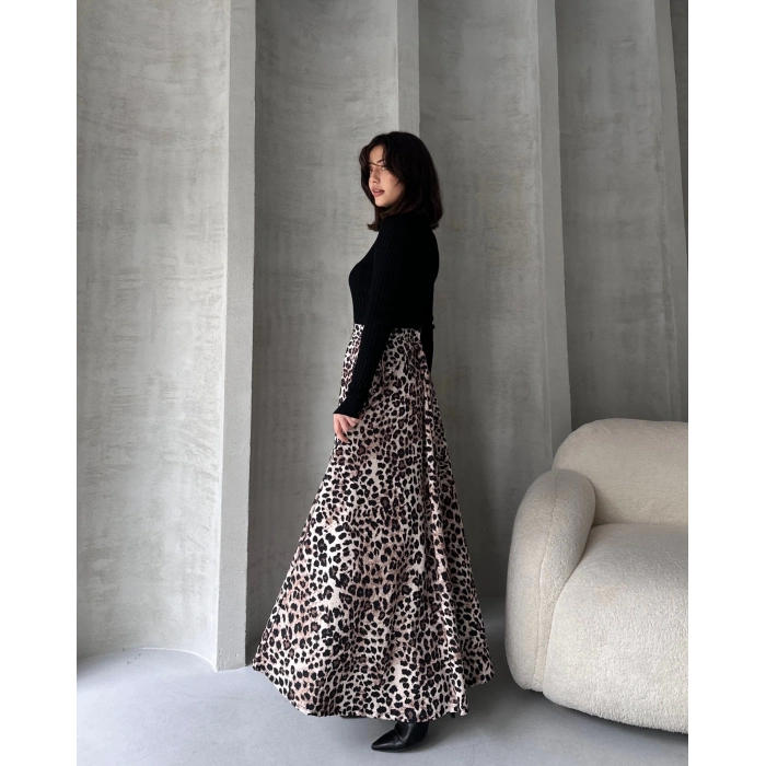 Yüksek Bel Leopar Desenli Çan Etek