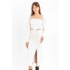 Deri Kumaş Diz Altı Boy Yırtmaçlı Büzgü Detaylı Kadın Etek-Ekru