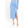 Deri Kumaş Diz Altı Boy Yırtmaçlı Büzgü Detaylı Kadın Etek-Mavi