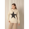 Üç İplik Yıldız Baskılı Kapüşonlu Kadın Bej Sweat