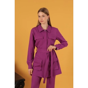 Atlas Kumaş Cep Espirili Kadın Ceket-Mürdüm