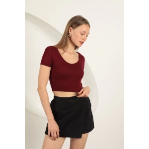 Çilek Viskon Kumaş V Yaka Basic Tişört-Bordo