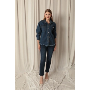 Denim Kumaş Cep Detay Püsküllü Kadın Mavi Kot Ceket