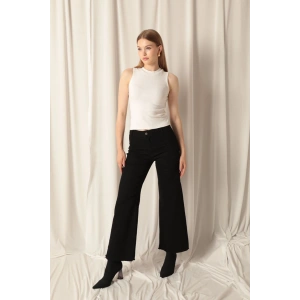 Denim Kumaş Wide Leg Paçası Püsküllü Salaş Kadın Siyah Kot Pantolon