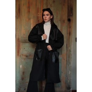 Deri Kumaş Garni Detay Jakar Kadın Trençkot-Siyah