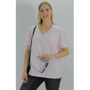 Geniş V yaka Tişört Açıkpembe - 1090.35