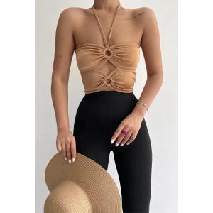 Halka Tokalı Cut Out Top Bluz Camel - 1514.9135.