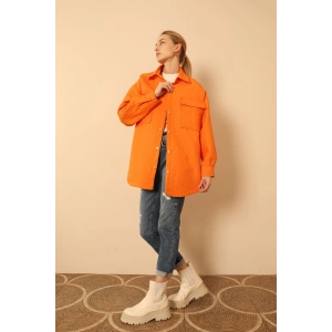 Jakar Kumaş Geometrik Desen Oversize Kadın Gömlek-Oranj