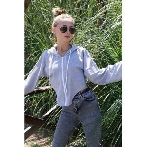 Kapşonlu Yan Dekolteli Sweat Gri - P-019669