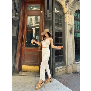 Kruvaze Yaka Crop Bluz Ve Detaylı Pantolon Triko  İkili Takım