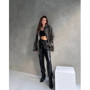 Leopar Desen Çift Cep Oversize Denim Gömlek Ceket