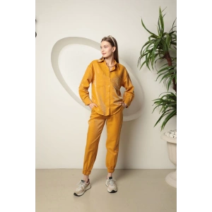 Parlak Kumaş Kadın Takım-Hardal