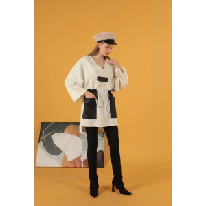 Petek Kumaş Garnili Oversize Kadın Sweat-Ekru