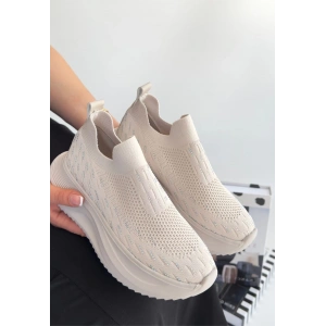 Soord Bej Triko Boncuk İşlemeli Spor Ayakkabı