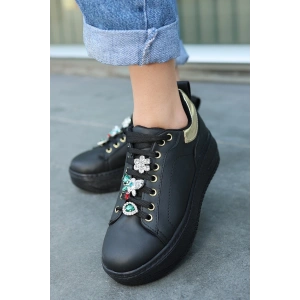 Tenya Siyah Cilt Taşlı Bağcıklı Spor Ayakkabı