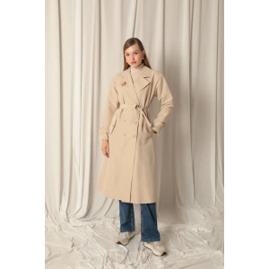 Torino Kumaş Broşlu Maxi Boy Kadın Taş Trençkot