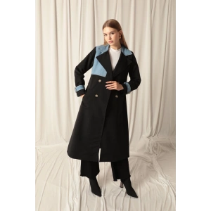 Torino Kumaş Kot Garnili Kadın Siyah Trençkot