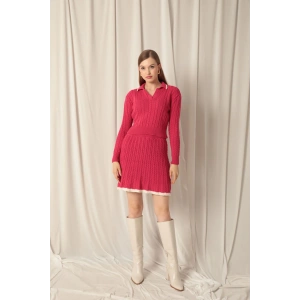 Triko Kumaş Yakalı Saç Örgülü Desen Fuşya Etek Takım