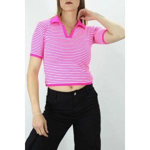 Polo Yaka Çizgili Tişört Fuşya - 140.055