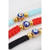 TUFEYO Nazar Boncuklu Kırmızı Mavi Siyah Renkli Ayarlanabilir Örgülü Hediyelik Bijuteri Elyapım İp