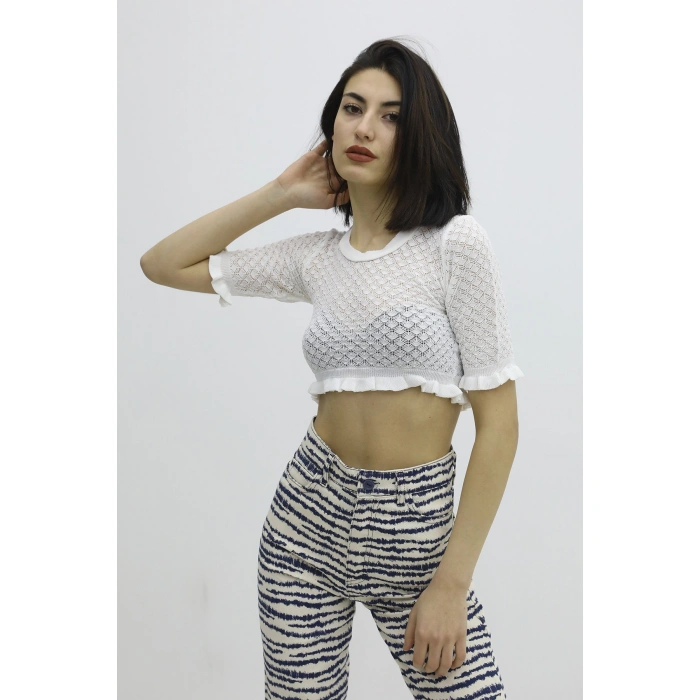 Bel Lastikli Triko Bluz - P-019803EKRU