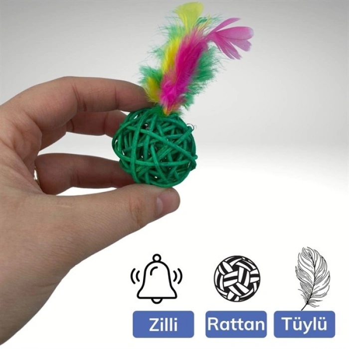 TUFEYO 2li Rattan Renkli Peluş Tüy Kedi Köpek Oyuncak Yakalama Çiğneme Çıngıraklı Top Oyuncağı