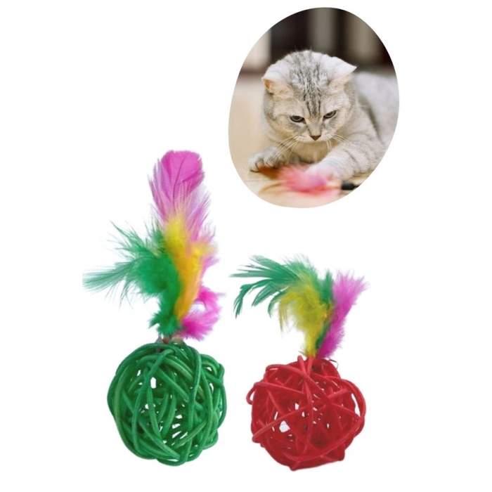 TUFEYO 2li Rattan Renkli Peluş Tüy Kedi Köpek Oyuncak Yakalama Çiğneme Çıngıraklı Top Oyuncağı