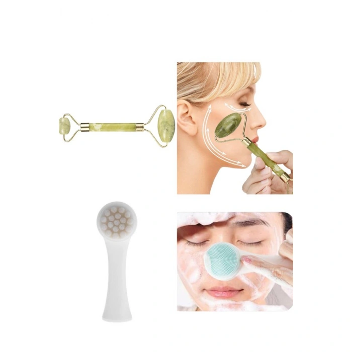 TUFEYO 2li Set Çift Taraflı Cilt Temizleme Fırçası ve Yeşim Taşı Çift Taraflı Cilt Masaj Aleti